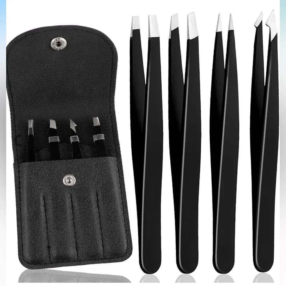 4Pcs Eyebrow Tweezers Set Professional Stainless Steel Tweezers w/ Case
